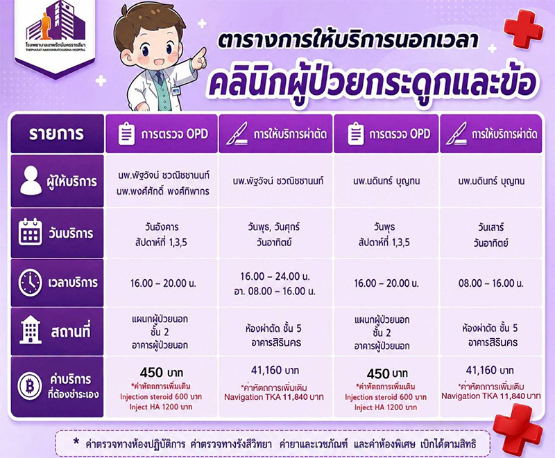 ตารางการให้บริการนอกเวลา แผนกกระดูกและข้อ
